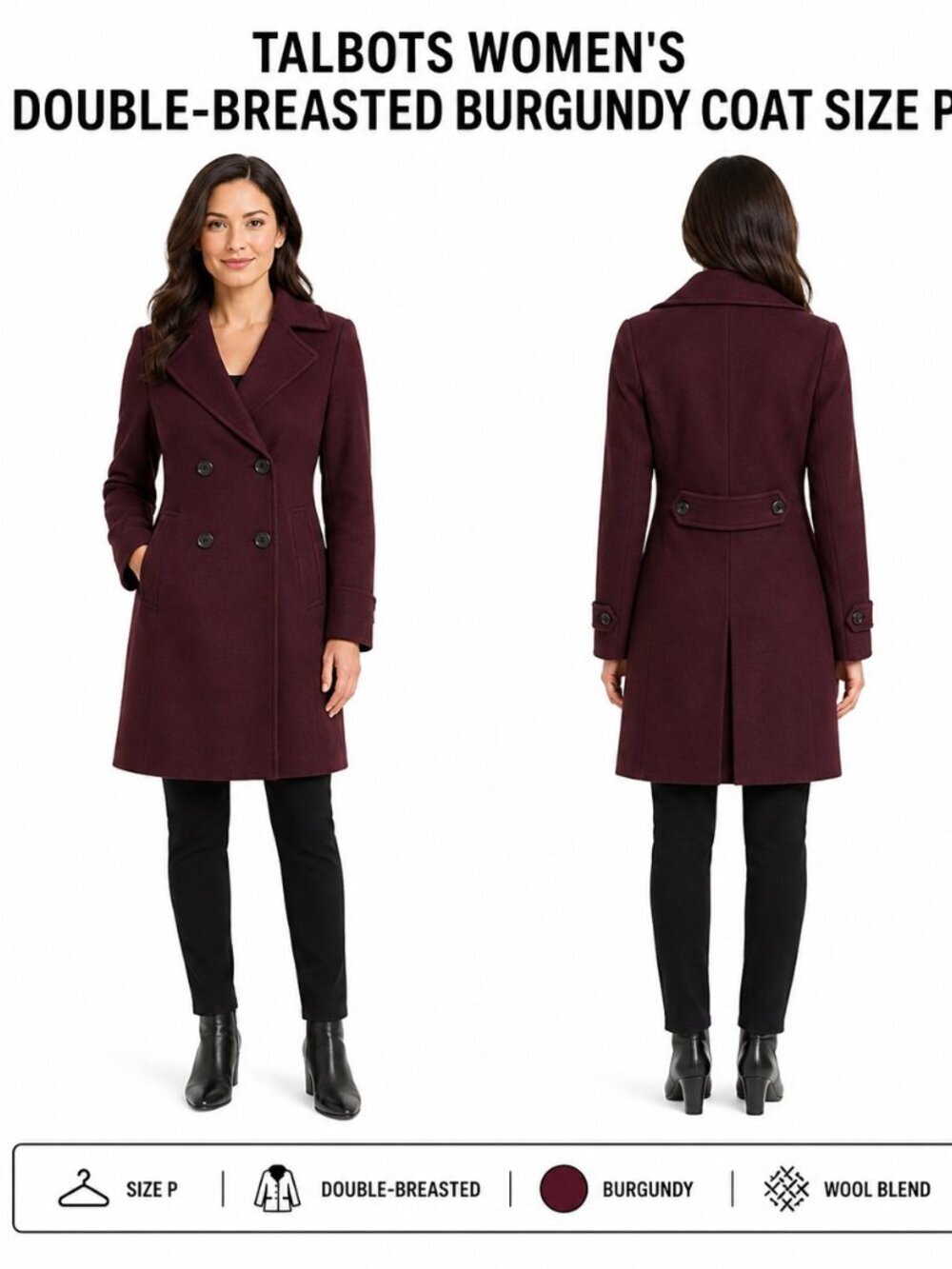 TALBOTS BURGUNDY DOUBLE-BREASTED WOOL BLEND COAT PETITE NWT